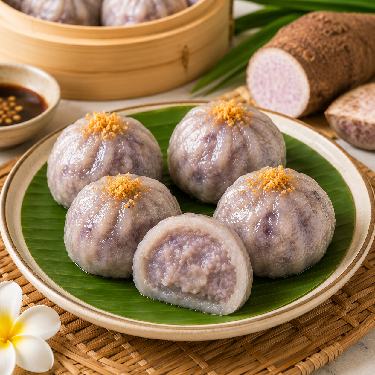 Steamed Chive Dumplings (Taro Filling) — กุยช่ายไส้เผือก (นึ่ง)